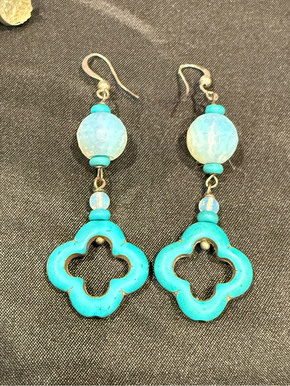 3 Pairs Earrings Druzy Quartz Studs + Blue Topaz Crystal Drops +Turquoise Clover - Picture 7 of 13